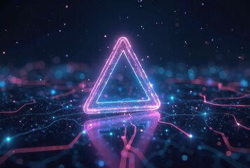 Poster - Glowing neon triangle pulses with pink and cyan light at the center of a digital network, surrounded by luminous lines and nodes, horizontal composition