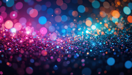 Abstract background of vibrant, multicolored bokeh lights and glitter.