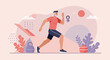 © Vector Market - Active senior man running outdoors with weights and plants, enjoying a healthy lifestyle in a modern flat design.