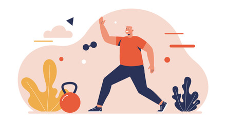 A flat design illustration showcases a man exercising with dumbbells and kettlebell, perfect for a fitness-themed landing page or marketing banner design.
