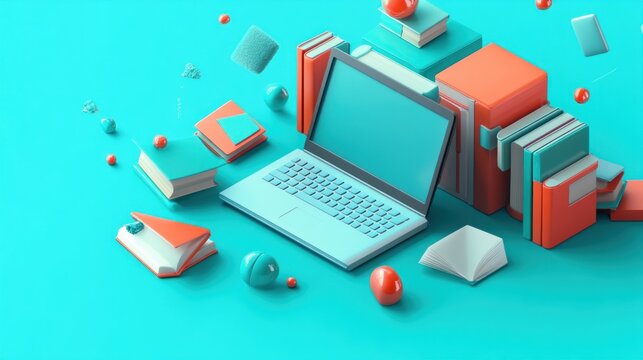 A light teal background showcases a laptop computer surrounded by stacks of colorful books and geometric shapes