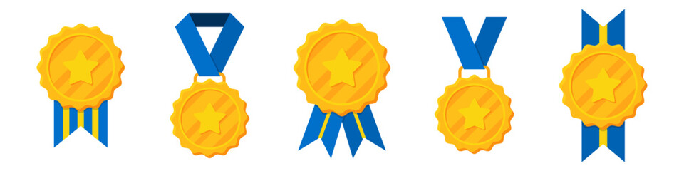 Wall Mural - Winner golden medals with blue ribbon and star