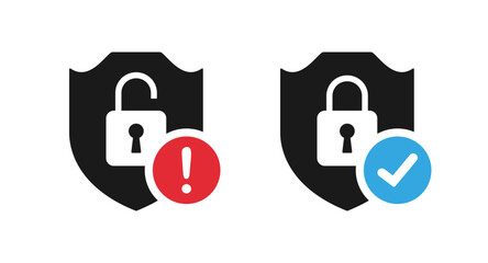 Poster - Closed and open protection system. Shield with closed and open lock sign. Security guard symbol collection