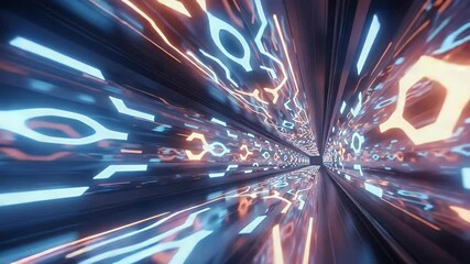 Poster - Abstract tunnel visualization with dynamic neon light trails in orange and blue creating a futuristic ambiance against a dark background.