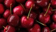 © wilson - Close-up of fresh cherries with deep red hues and glossy texture on pure black background, water droplets glistening for attractive product presentation or promotional visuals