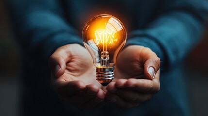 Poster - Person Holding a Bright Light Bulb in Hands with Dark Background Symbolizing Innovation and Creativity