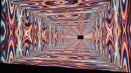 Poster - Abstract tunnel perspective with vibrant geometric patterns. Repeating orange blue and purple shapes create an illusion of depth. The background is black with an implied light source.