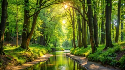  Serene Sunlight Illuminates a Picturesque Stream Winding Through a Lush Green Forest Canopy