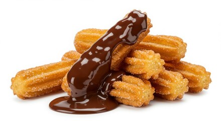 Spanish churros with chocolate dipping sauce isolated on a white background ready for food photography and culinary use
