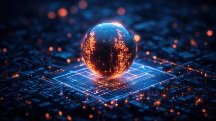 Poster - Futuristic digital globe with glowing data network hologram on dark technological background with light effects