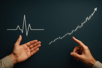 Poster - The illustrates progress and growth through human hands guiding a rising financial chart alongside a smooth heart monitor symbolizing dynamic business health and steady achievement