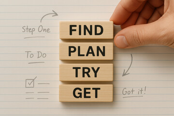 Poster - A arranges wooden blocks on a notebook with faint blue lines symbolizing steps to achieve goals through planning and effort