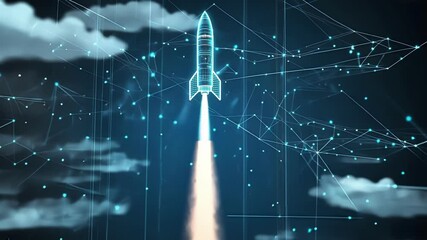 Aufkleber - Holographic rocket launching from a futuristic platform, surrounded by a cloud computing network, symbolizing innovation, technological advancement, and the future of space exploration
