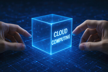 Poster - A glowing digital cube symbolizes cloud computing innovation as two hands delicately interact with its virtual workspace