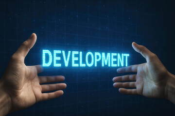 Poster - Collaboration and innovation drive progress as two hands reach toward a glowing projection symbolizing development