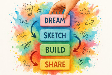 Poster - A creative process unfolds as ideas evolve from inspiration through planning and construction to collaborative sharing symbolized by pastel blocks on a vibrant watercolor background