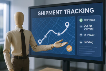 Poster - The illustrates progress and logistics through a mannequin presenting the dynamic shipment status on a digital tracking screen