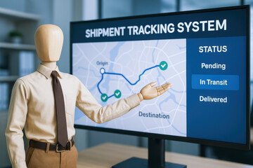 Poster - A wooden mannequin models logistics management by demonstrating a shipment tracking system with real-time transit updates