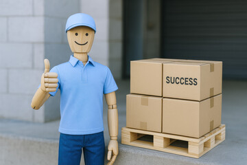 Poster - Achievement and progress are symbolized by a wooden mannequin giving a thumbs-up near delivery boxes reflecting successful business outcomes
