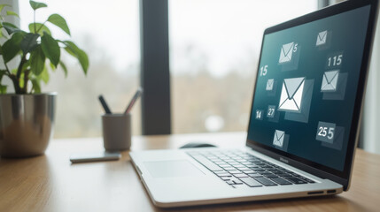 Poster - Modern laptop displaying email notifications on screen, with potted plant and stationery in background, creating productive workspace atmosphere