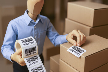 Poster - Efficient management stock levels is demonstrated as a mannequin applies inventory labels to multiple product boxes for streamlined organization