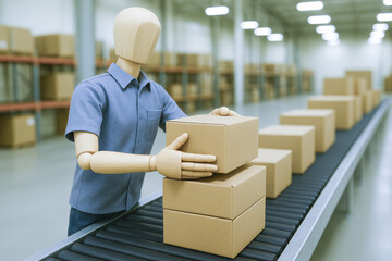 Poster - Efficiency and productivity come together as a wooden figure organizes packages on a conveyor belt in a warehouse setting