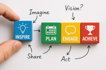 Poster - A arranging colorful blocks symbolizes the process inspiring ideas planning strategically engaging teams and achieving goals in business