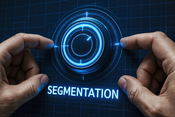 Poster - A close-up view two human hands adjusting a glowing digital dial on a virtual control panel symbolizing segmentation and data management