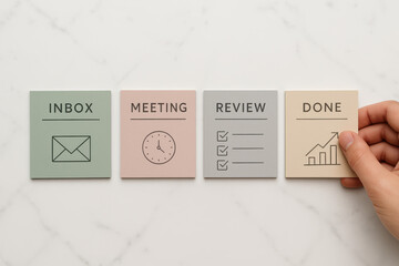 Poster - Organizing tasks from initial communication through meetings and evaluations to completed objectives reflects effective project management on a clean workspace