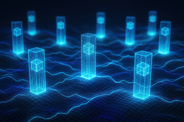Poster - A glowing digital landscape illustrates interconnected systems transmitting data through luminous columns and undulating energy lines symbolizing technological innovation and network efficiency
