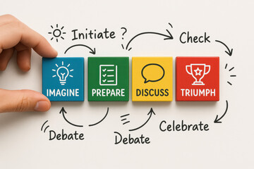 Poster - A arranges colorful blocks symbolizing the stages business success from envisioning ideas and preparing plans to discussing strategies and celebrating achievements