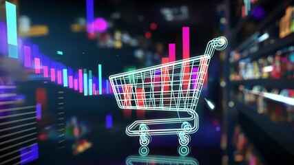 Aufkleber - Glowing shopping cart combined with rising stock market data illustrates a positive trend in the online retail business and finance, highlighting growth in e commerce and investment opportunities