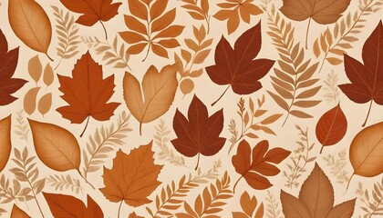 Poster - An autumn pattern featuring various shades of brown leaves scattered on a light beige background