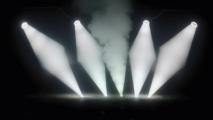 Poster - Dramatic stage lighting with five spotlights casting beams through smoke creating abstract patterns against a black background.