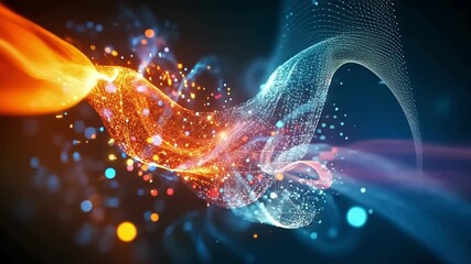Poster - Two glowing waves, one orange and one blue, are merging together, creating a colorful bokeh effect in a digital world, symbolizing the fusion of technology and creativity