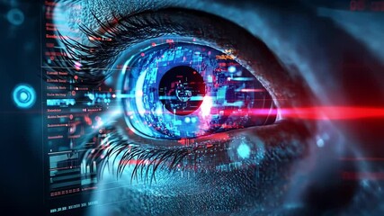 Aufkleber - Close up of an eye overlayed with digital data and computer code, representing the concept of vision of the future and technological advancement