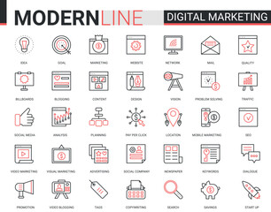 Aufkleber - Digital marketing red black line icons vector illustration.