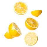 falling lemon slices on white background