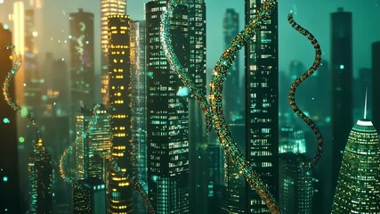 Poster - illuminated skyscrapers and digital data streams flowing in a futuristic smart city at night, showca