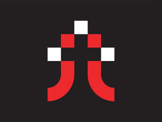 Poster - Modern Geometric Abstract Red and White Pixel Art Illustration on Black