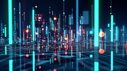 Aufkleber - Complex network of glowing lines and dots forming a futuristic cityscape visualization, representing digital information flow and technological advancement