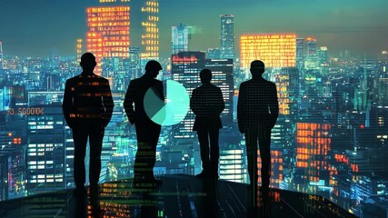 Poster - Four businessmen standing on a rooftop are observing stock market data being projected over a vibrant, futuristic cityscape illuminated by night lights, symbolizing innovation and growth