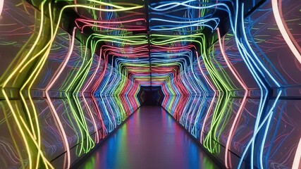 Poster - Vibrant tunnel with neon lights in blue green and red colors, reflections on the floor, futuristic and abstract concept. Colorful illumination through the corridor perspective view