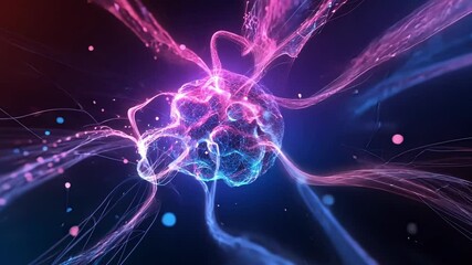 Poster - complex glowing neuron is sending signals through neural network, forming connections and transmitti