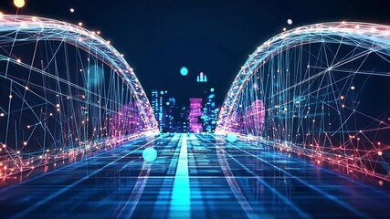 Poster - Digital highway leading to a futuristic city with glowing bridges made of networks and connections at night representing the concept of smart city and technological advancement