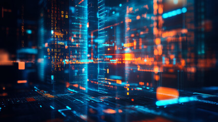 Aufkleber - Digital cityscape with neon lights and flowing data streams at night showcasing advanced technology