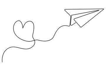 Poster - Love themed paper plane with hearts continuous line art minimalist romantic card vector illustration
