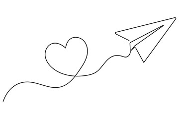 Poster - Love themed paper plane with hearts continuous line art minimalist romantic card vector illustration
