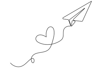 Poster - Love themed paper plane with hearts continuous line art minimalist romantic card vector illustration
