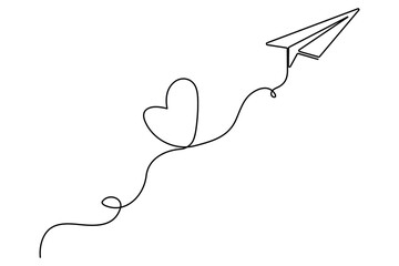 Poster - Love themed paper plane with hearts continuous line art minimalist romantic card vector illustration
